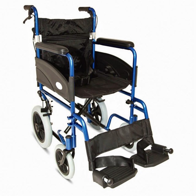 Folding Aluminium Transit Wheelchair (Wide Seat) - Metallic Blue